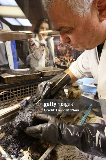 Woman inside the George C. Page Museum looks through a viewing window to see volunteer Herb Schiff cleaning the skull of a North American lion from...