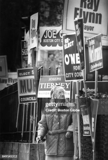 Maria Ewing leaves after voting at the Patrick O'Hearn School in the Dorchester neighborhood of Boston, Nov. 3, 1987.