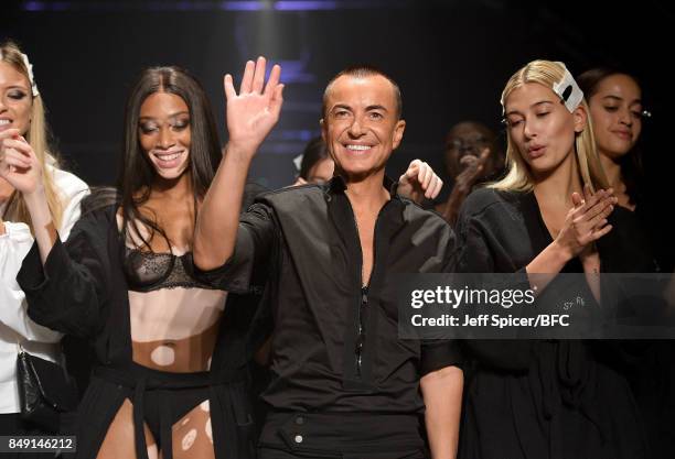 Winnie Harlow, Julien Macdonald, Hailey Baldwin on the runway during the rehearsal for the Julien Macdonald show during London Fashion Week September...