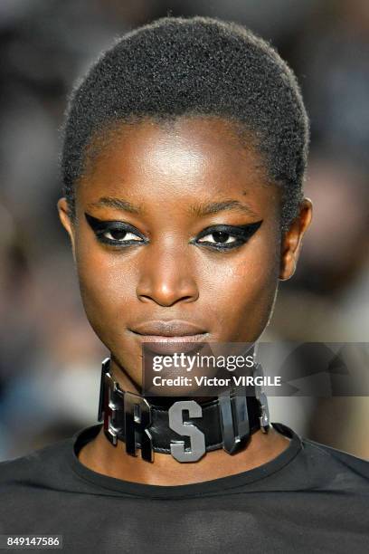 Model walks the runway at the VERSUS Readu to Wear Spring/Summer 2018 fashion show during London Fashion Week September 2017 on September 17, 2017 in...