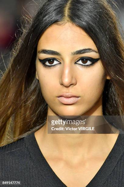 Model walks the runway at the VERSUS Readu to Wear Spring/Summer 2018 fashion show during London Fashion Week September 2017 on September 17, 2017 in...