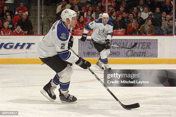 Matt Greene of the Los Angeles Kings skates with the puck during a NHL hockey game against the Washington Capitals on February 5, 2009 at the Verizon...