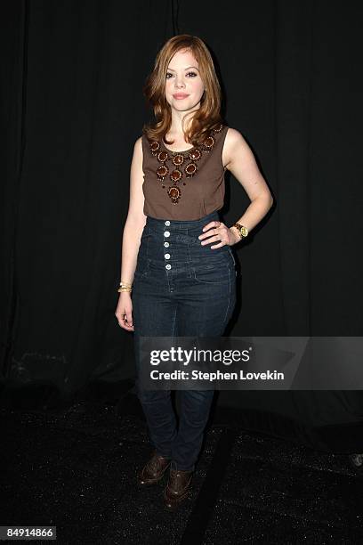 Actress Dreama Walker poses backstage at the Milly By Michelle Smith Fall 2009 fashion show during Mercedes-Benz Fashion Week in the Promenade at...