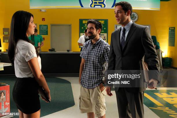 Chuck vs. The Anniversary" Episode 401 -- Pictured: Olivia Munn as Greta, Joshua Gomez as Morgan Grimes, Zachary Levi as Chuck Bartowski --