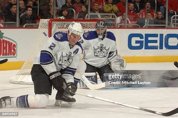 Matt Greene of the Los Angeles Kings makes a save during a NHL hockey game against the Washington Capitals on February 5, 2009 at the Verizon Center...