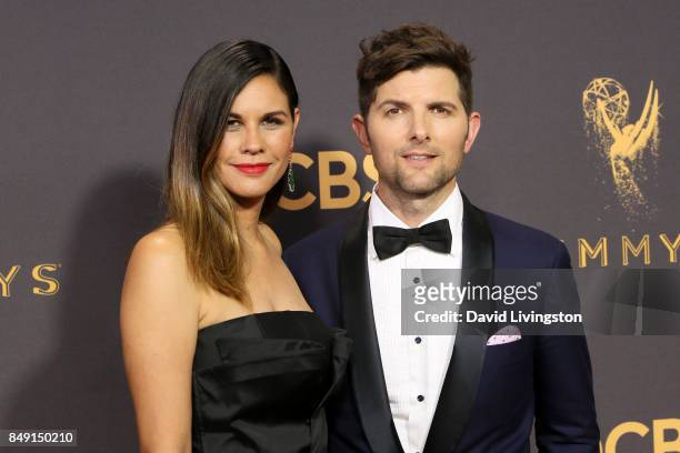 Producer Naomi Scott and actor Adam Scott attend the 69th Annual Primetime Emmy Awards - Arrivals at Microsoft Theater on September 17, 2017 in Los...