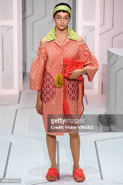 Model walks the runway at the Anya Hindmarch Ready to Wear Spring/Summer 2018 fashion show during London Fashion Week September 2017 on September 17,...