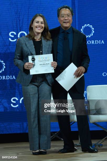 Cellist Yo-Yo Ma, Curator of the MIT Solve Arts and Culture Mentorship Prize, presents the award onstage during The 2017 Concordia Annual Summit at...