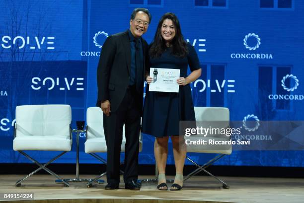 Cellist Yo-Yo Ma, Curator of the MIT Solve Arts and Culture Mentorship Prize, presents the award onstage during The 2017 Concordia Annual Summit at...