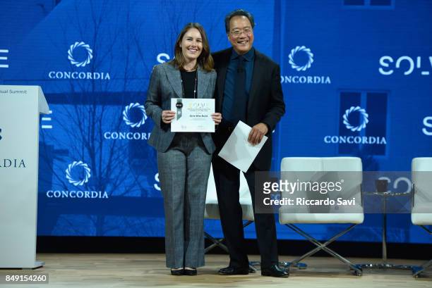 Cellist Yo-Yo Ma, Curator of the MIT Solve Arts and Culture Mentorship Prize, presents the award onstage during The 2017 Concordia Annual Summit at...