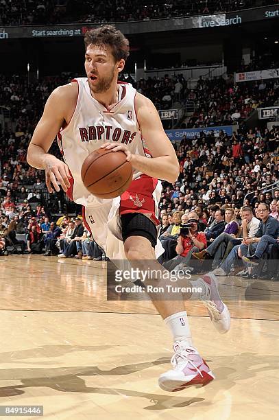 Andrea Bargnani of the Toronto Raptors drives against the Orlando Magic during the game on February 1, 2009 at Air Canada Centre in Toronto, Canada....