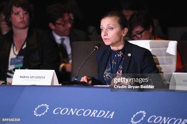 Hon. Mariya Woyvodova, Deputy Mayor, City of Gothenberg speaks at The 2017 Concordia Annual Summit at Grand Hyatt New York on September 18, 2017 in...