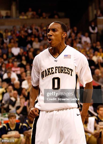 Jeff Teague of the Wake Forest Demon Deacons reacts to scoring a basket against the Georgia Tech Yellow Jackets during their game at Lawrence Joel...