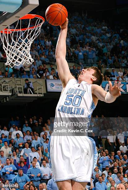 Tyler Hansbrough of the North Carolina Tar Heels dunks against the North Carolina State Wolfpack during the game on February 18, 2009 at the Dean E....