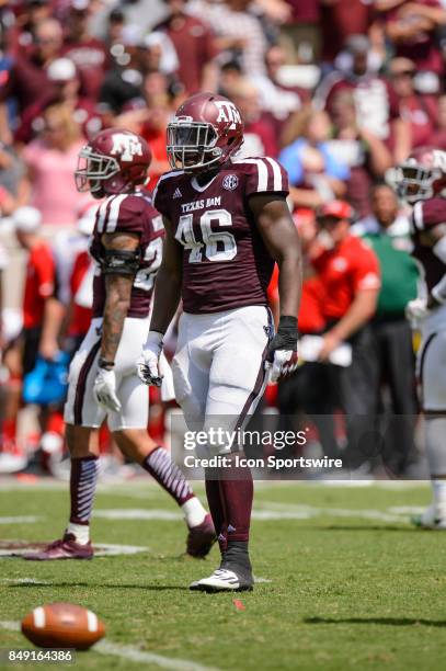 Texas A&M Aggies defensive lineman Landis Durham gets ready for a play during the college football game between the Louisiana Ragin' Cajuns and the...