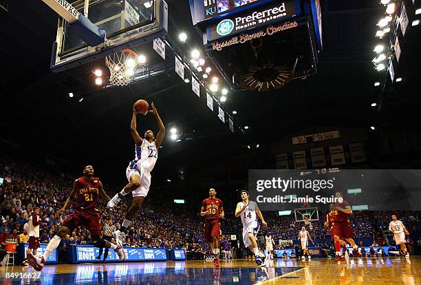 Marcus Morris of the Kansas Jayhawks lays up on a fast break against the Iowa State Cyclones during the game at Allen Fieldhouse February 18, 2009 in...