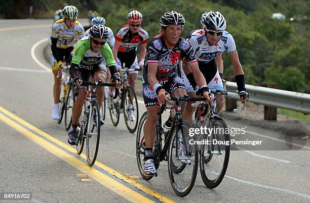 Tyler Hamilton of the USA and riding for Rock Racing leads the breakaway group on the first category climb on Highway 140 as he helps teammate...