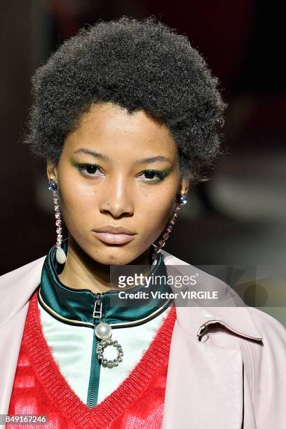 Model walks the runway at the TOPSHOP Ready to Wear Spring/Summer 2018 fashion show during London Fashion Week September 2017 on September 17, 2017...