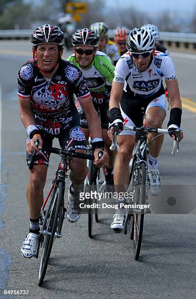 Tyler Hamilton of the USA and riding for Rock Racing leads the breakaway group along with Jason McCartney of the USA and riding for Saxo Bank on the...