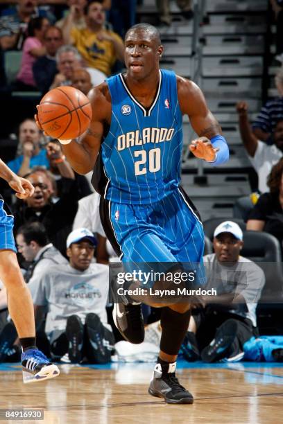 Mickael Pietrus of the Orlando Magic drives against the New Orleans Hornets on February 18, 2009 at the New Orleans Arena in New Orleans, Louisiana....