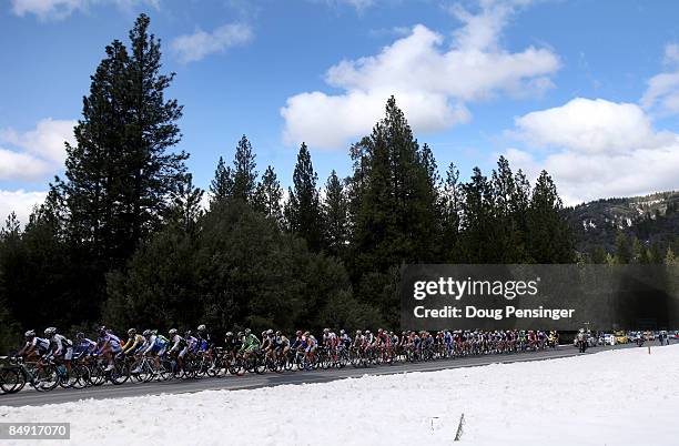 The peloton makes the foruth climb of the day on Highway 49 during Stage 4 of the AMGEN Tour of California from Merced to Clovis on February 18, 2009...