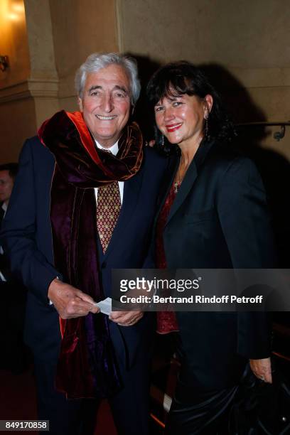 Jean-Loup Dabadie and his wife Veronique Bachet attend "La vraie vie" Theater Play at Theatre Edouard VII on September 18, 2017 in Paris, France.