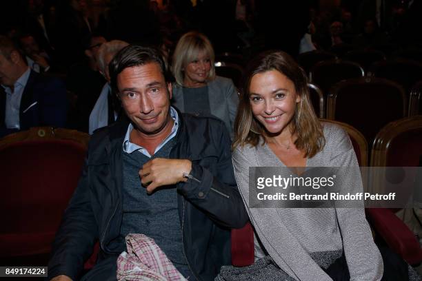 Host Sandrine Quetier and guest attend "La vraie vie" Theater Play at Theatre Edouard VII on September 18, 2017 in Paris, France.