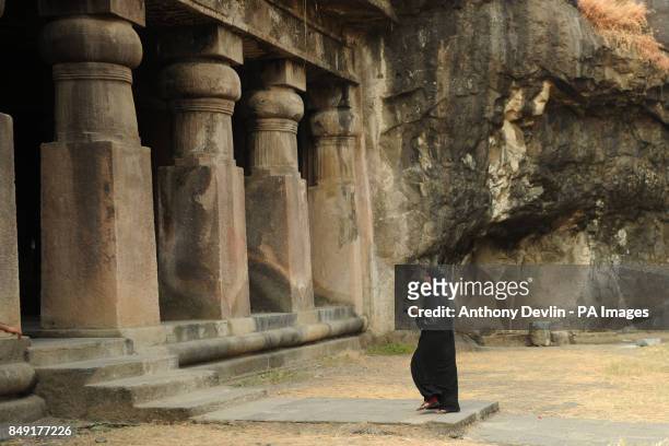 General view of the Elephanta caves on Elephanta Island off the coast of Mumbai, India. The caves, hewn from solid basalt rock, which date back to...