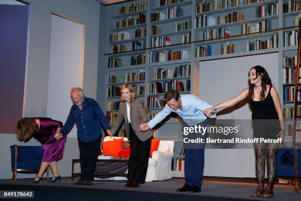 Anne Benoit, Bernard Murat, Lea Drucker, Guillaume de Tonquedec and Alka Balbir acknowledge the applause of the audience at the end of "La vraie vie"...