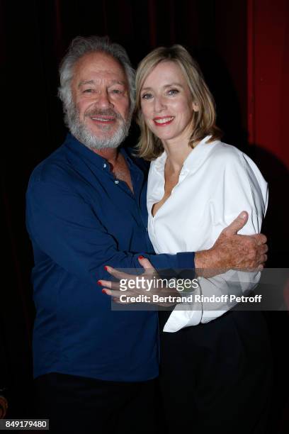 Actors of the piece Bernard Murat and Lea Drucker pose after "La vraie vie" Theater Play at Theatre Edouard VII on September 18, 2017 in Paris,...