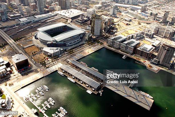 An aerial view of the Telstra Dome and the Docklands is seen on February 12, 2009 in Melbourne, Australia.