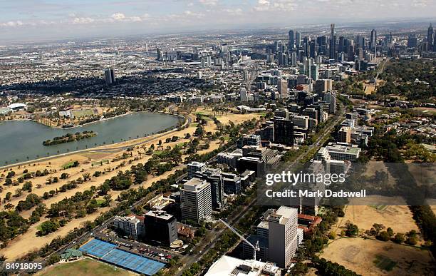 An aerial view of the Albert Park lake and Melbourne CBD is seen on February 12, 2009 in Melbourne, Australia.