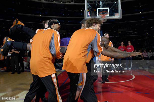 Shaquille O'Neal the Phoenix Suns is introduced in the starting lineups against the Los Angeles Clippers at Staples Center on February 18, 2009 in...