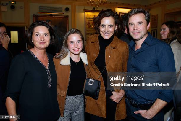 Actor of the piece Guillaume de Tonquedec his wife Cristele , their daughter Victoire and Ines de la Fressange attend "La vraie vie" Theater Play at...