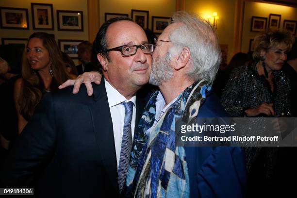 Former French President, Francois Hollande and actor of the piece Bernard Murat attend "La vraie vie" Theater Play at Theatre Edouard VII on...