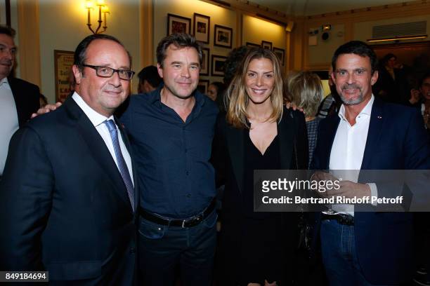 Former French President, Francois Hollande, actor of the piece Guillaume de Tonquedec, actress Judith El Zein and politician Manuel Valls attend "La...