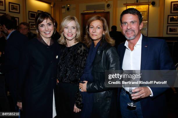 Actress Julie Gayet, actress of the piece Lea Drucker, volonist Anne Gravoin and her husband politician Manuel Valls attend "La vraie vie" Theater...