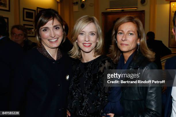 Actress Julie Gayet, actress of the piece Lea Drucker and violonist Anne Gravoin attend "La vraie vie" Theater Play at Theatre Edouard VII on...