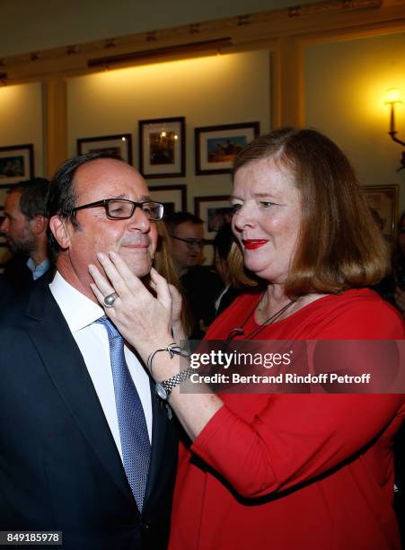 Former French President, Francois Hollande and actress of the piece Anne Benoit attend "La vraie vie" Theater Play at Theatre Edouard VII on...