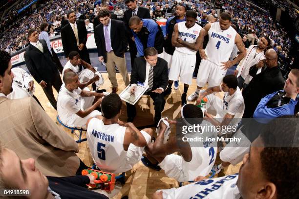 Head coach John Calipari of the Memphis Tigers coaches his team during a timeout against the Southern Methodist University Mustangs at FedExForum on...