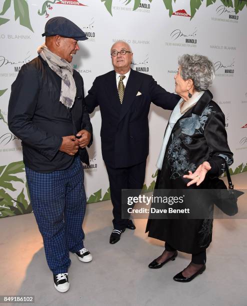 Michael Roberts, Manolo Blahnik and Joan Burstein attend the screening of "Manolo - The Boy Who Made Shoes For Lizards" during London Fashion Week...