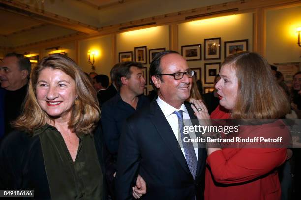 Zana Murat, former French President, Francois Hollande and actress of the piece Anne Benoit attend "La vraie vie" Theater Play at Theatre Edouard VII...