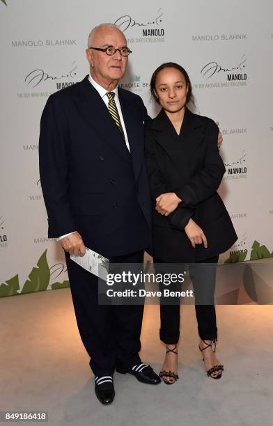 Manolo Blahnik and Grace Wales Bonner attend the screening of "Manolo - The Boy Who Made Shoes For Lizards" during London Fashion Week September 2017...