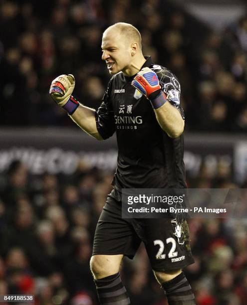 Aston Villa goalkeeper Bradley Guzan celebrates after team-mate Christian Benteke scores their third goal