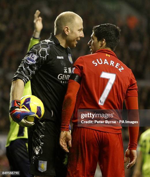 Aston Villa's Bradley Guzan exchanges words with Liverpool's Luis Suarez
