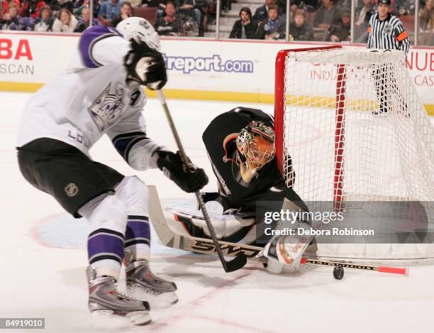 Anze Kopitar of the Los Angeles Kings attempts a goal against Jonas Hiller of the Anaheim Ducks during the game on February 18, 2009 at Honda Center...