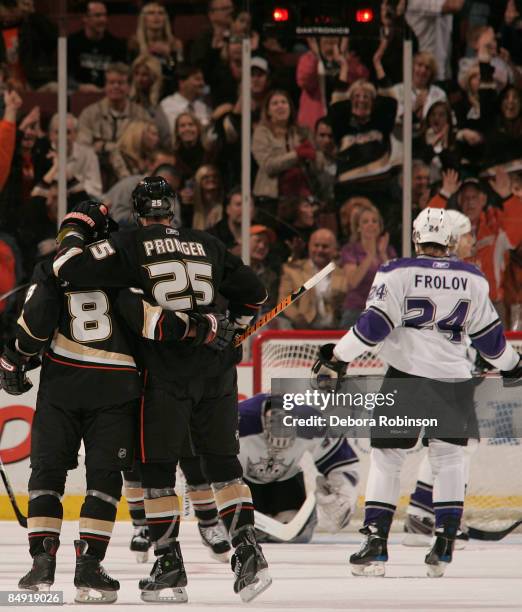 Teemu Selanne and Chris Pronger of the Anaheim Ducks celebrate a second period goal against the Los Angeles Kings during the game on February 18,...