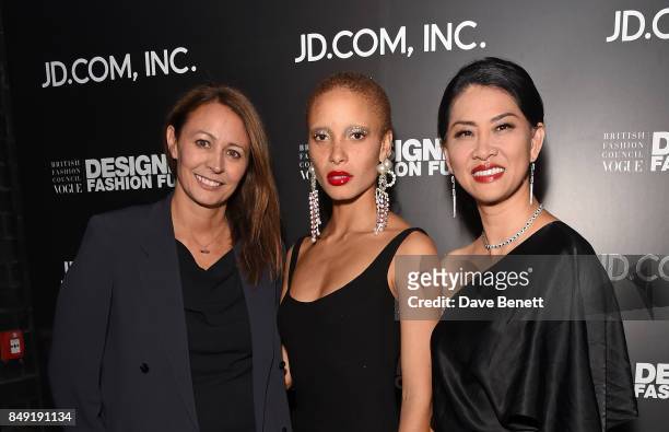 Caroline Rush, Adwoa Aboah and Xia Ding attend the BFC Vogue Fashion Fund and JD.COM cocktail party hosted by Caroline Rush and Xia Ding at the...