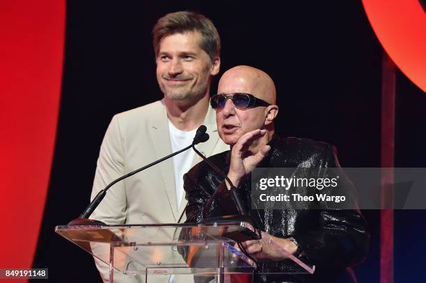 Actor Nikolaj Coster-Waldau and musician Paul Shaffer speak onstage during Global Citizen Live! at NYU Skirball Center on September 18, 2017 in New...