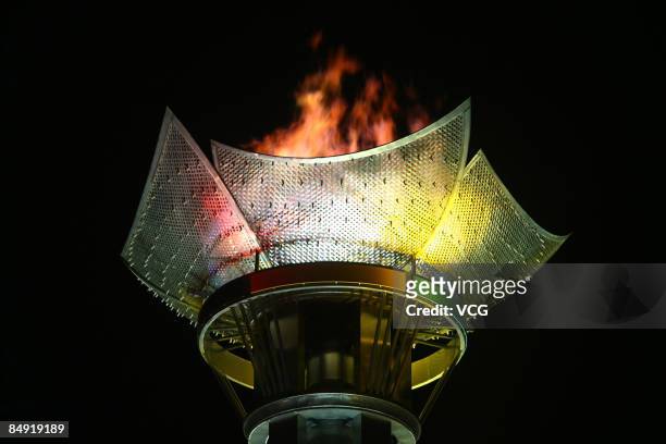 The flaming cauldron is seen at the opening ceremony for the 24th Winter Universiade February 18, 2009 in Harbin, Heilongjiang Province, China.